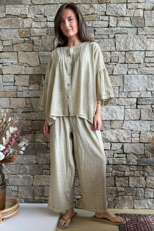 Loom & Thread Pin Tuck Blouse Washed Oat /40=